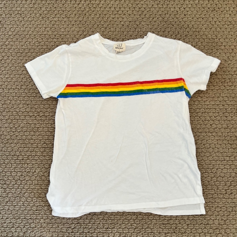 PST (by Project Social T) White T-shirt w Rainbow stripes Size Small - Picture 3 of 5